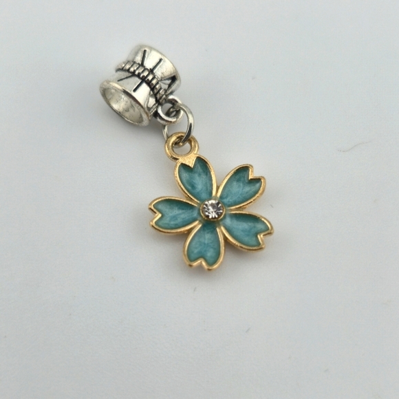 Teal Enamel Flower Charm Dangle with Rhinestone Center for Bracelet or Necklace - Picture 1 of 1